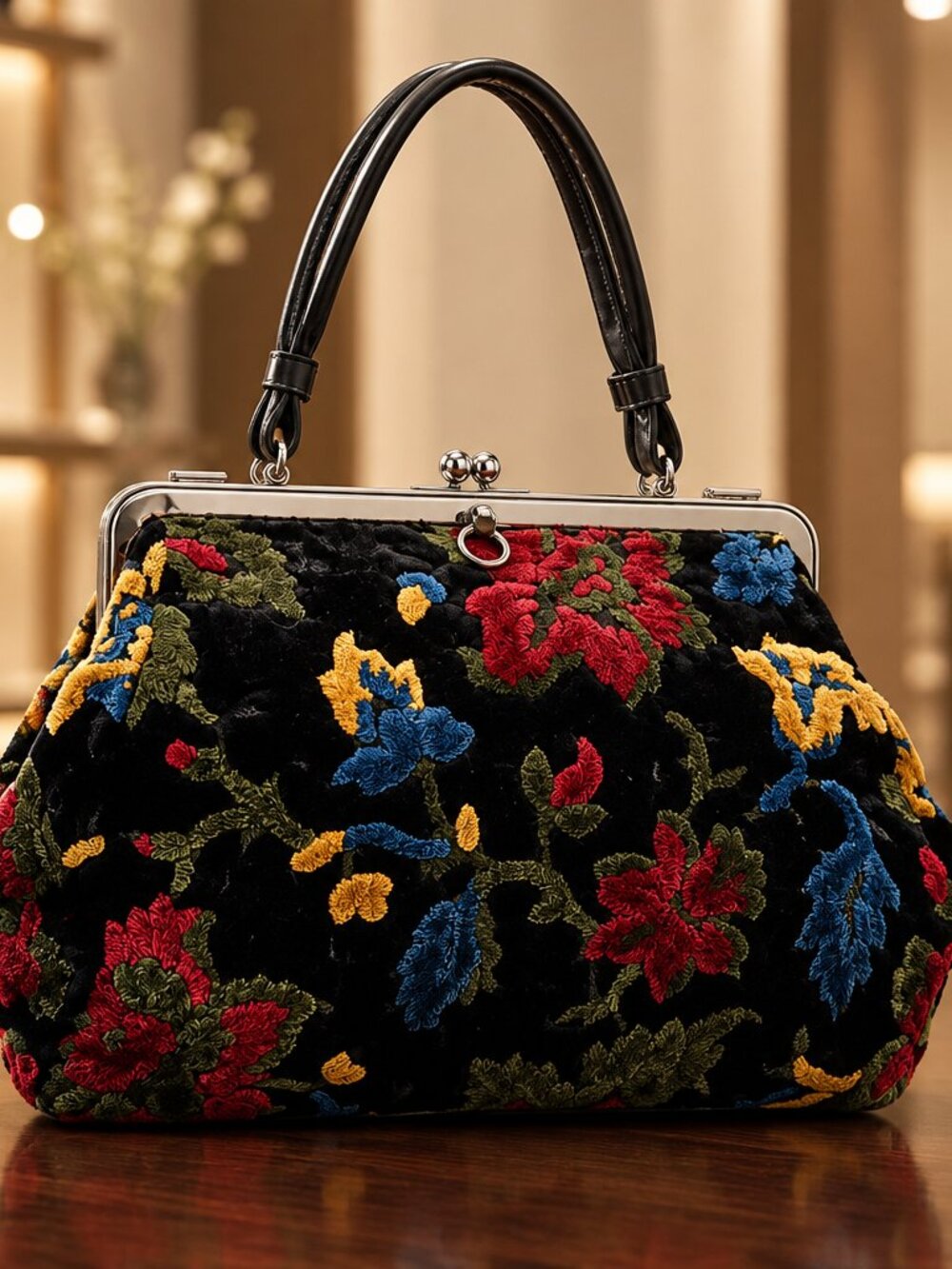 True Vintage 1950s or 1960s floral velvet and chenille carpet bag handbag!